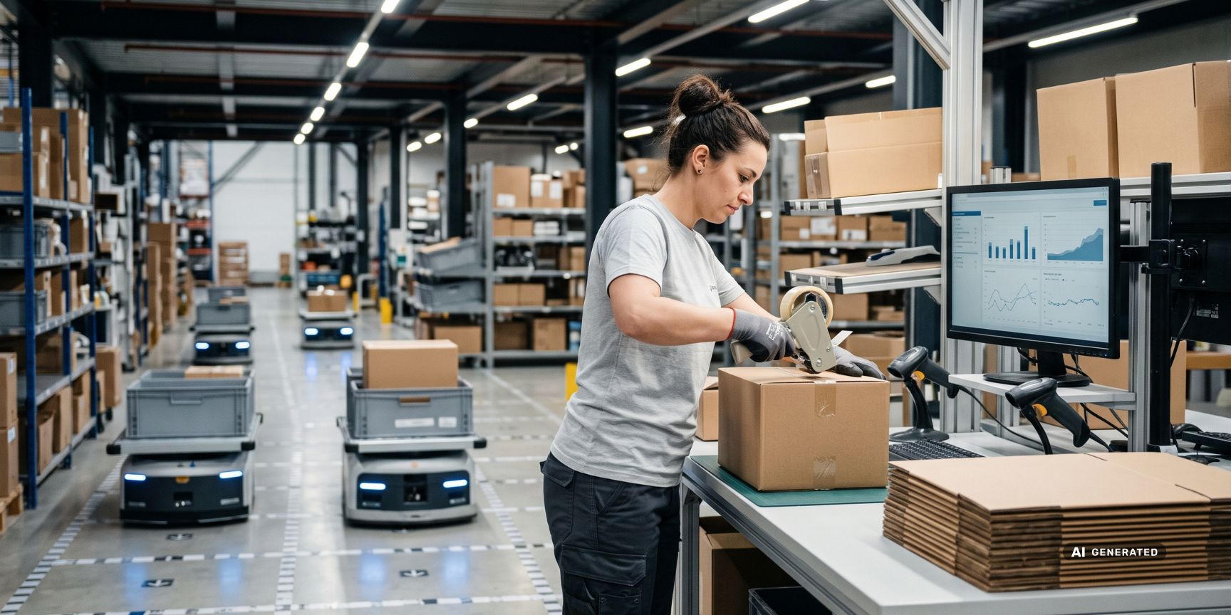 Employees at a modern packing station process delivery orders while autonomous robots provide support in the background. Contract logistics and fulfillment.